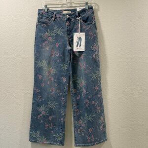 BLUE TURTLE (NWT) Mid-rise Wide Leg Jeans, Floral Washed Denim - 11/30